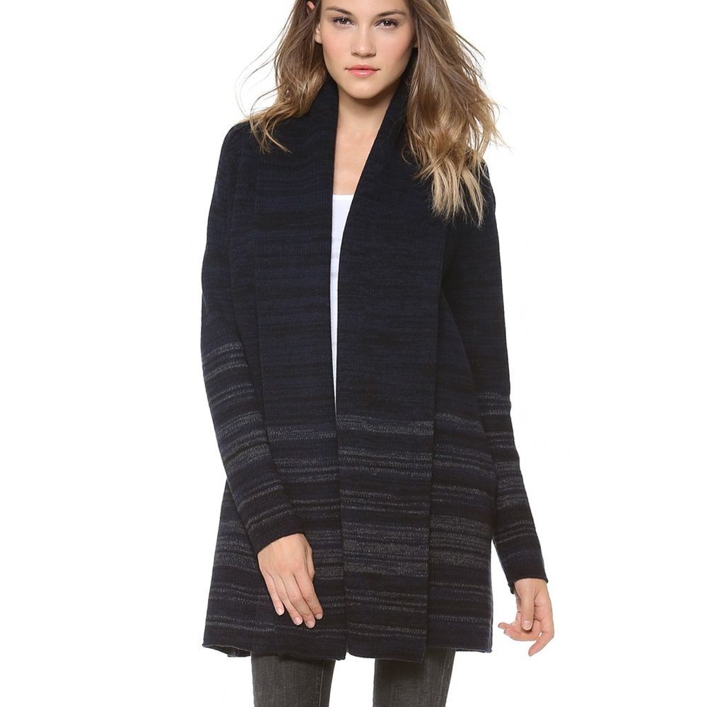 Vince Open Front Knit Wool Blend Long Cardigan in Navy/Grey/Black Stripe | Small